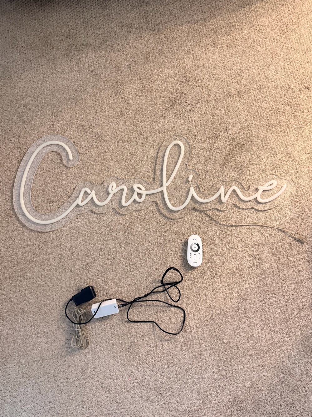 LIGHT UP SIGN DC White and Black LED (spells “Caroline”)